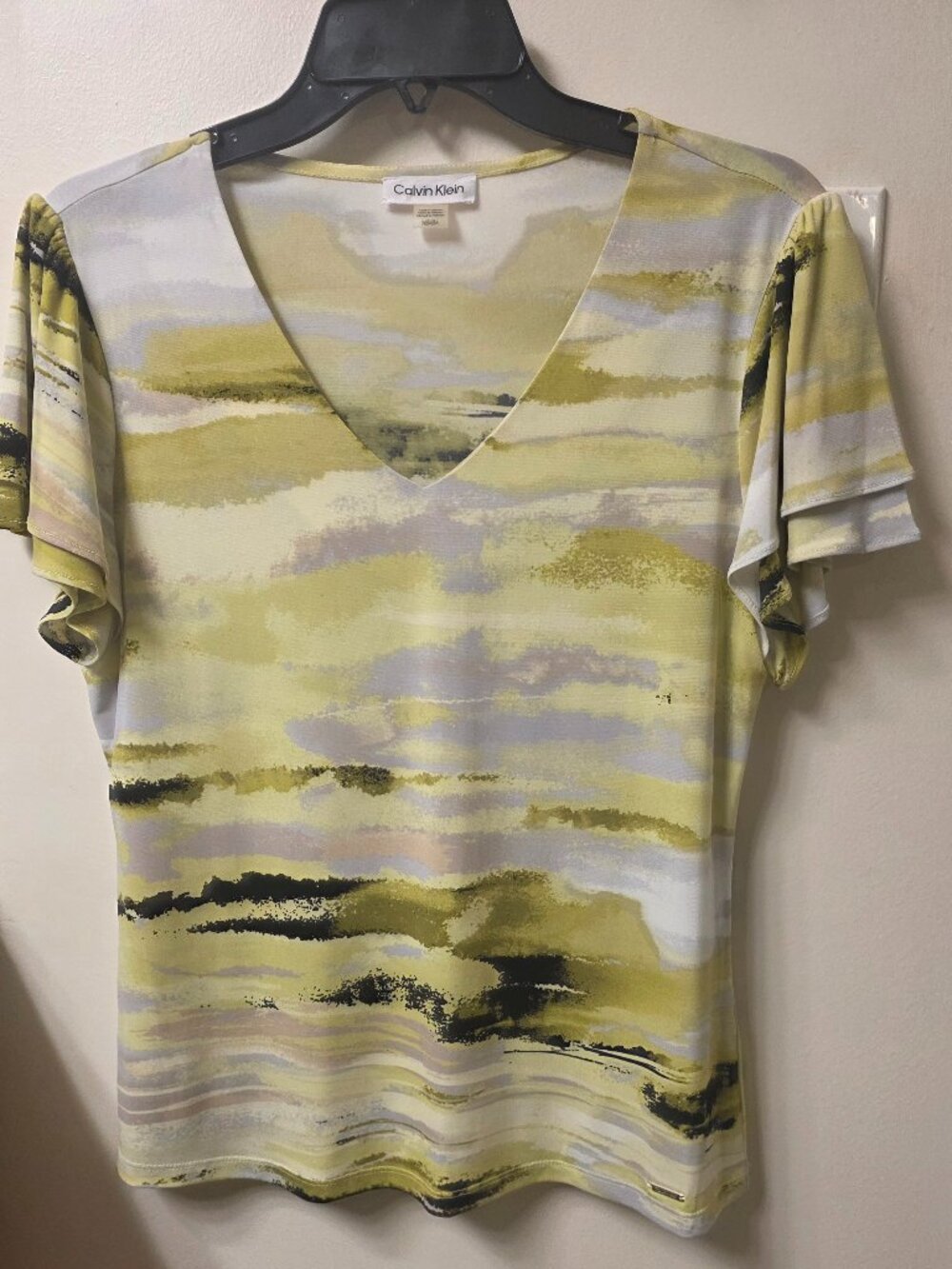 Calvin Klein Abstract Watercolor Flutter Sleeve V-Neck Top